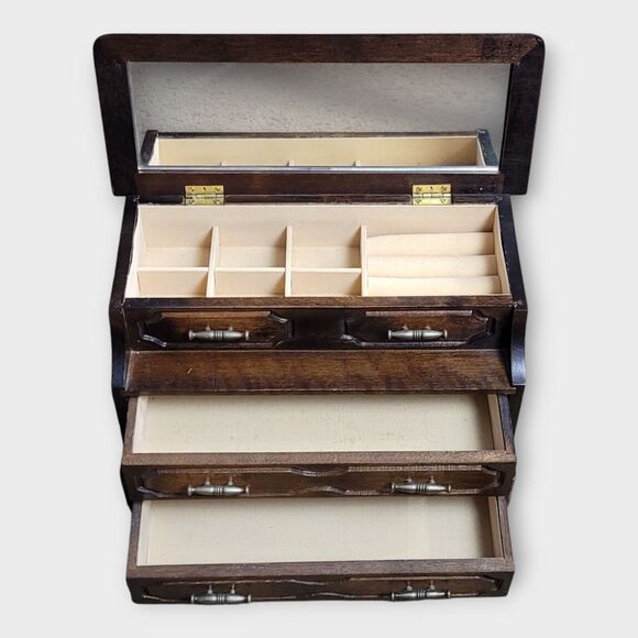 Jay Import Small Wood Musical Jewelry Box Drawers Storage Ring Holder Wt Mirror - Picture 2 of 12